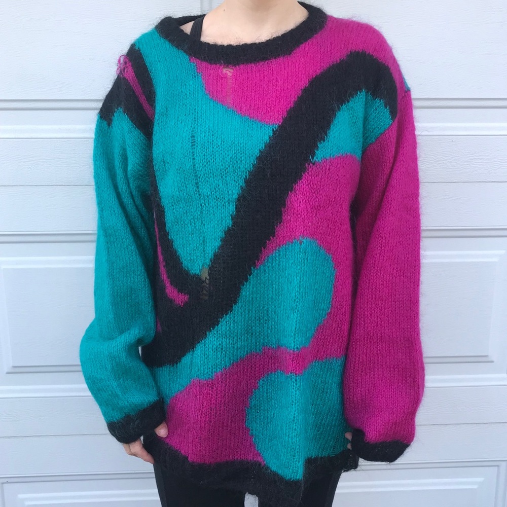 Vintage pink turquoise mohair oversized sweater